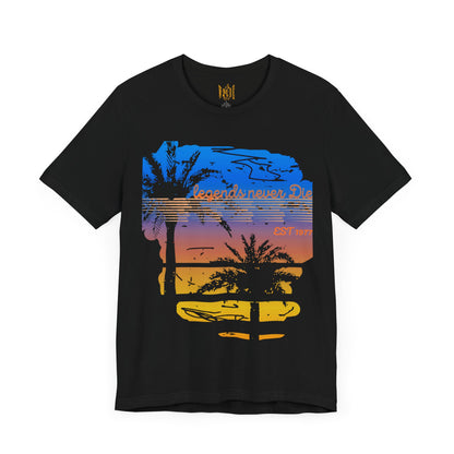 "Legends Never Die Retro Palm Tee – Sunset Vibes, EST 1977"