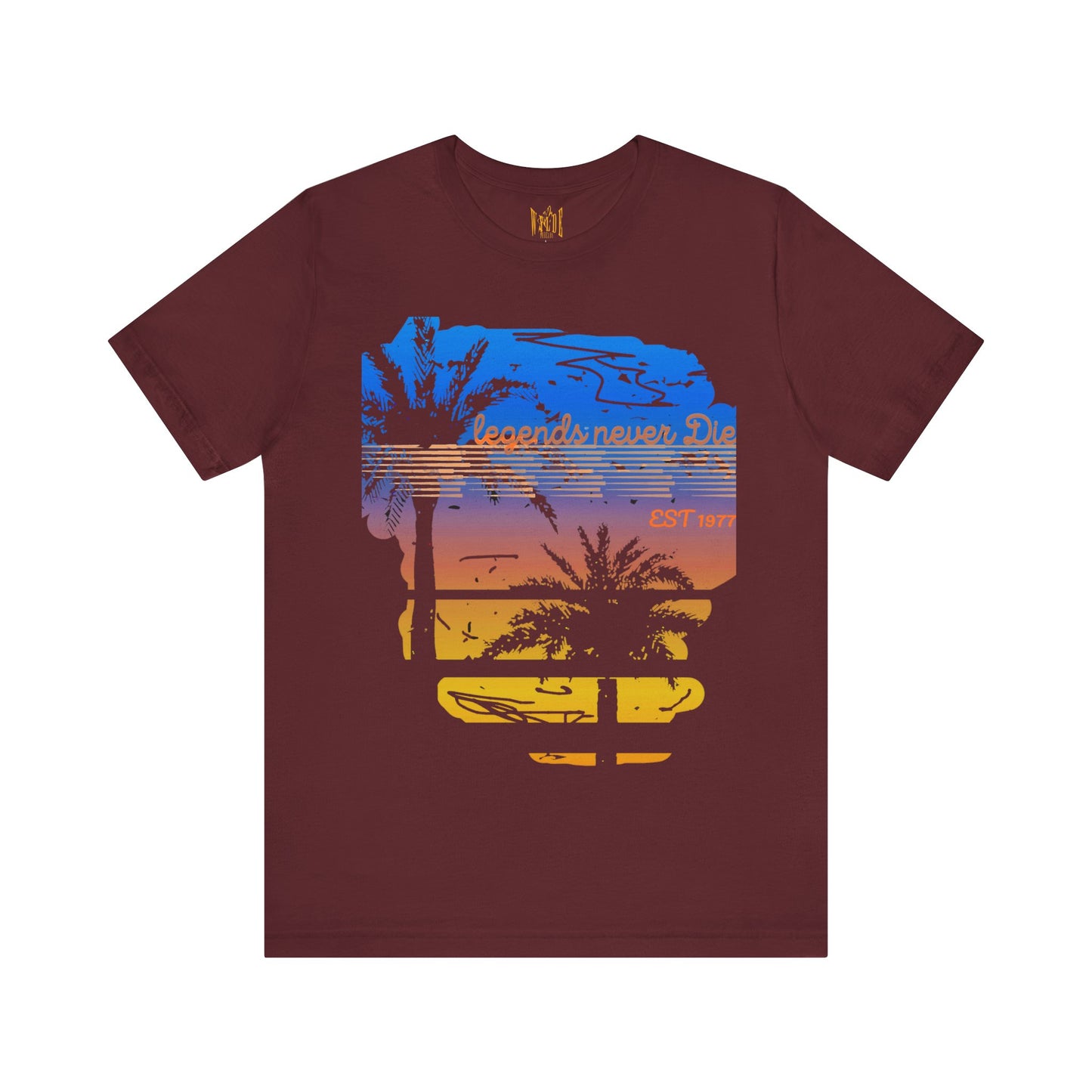 "Legends Never Die Retro Palm Tee – Sunset Vibes, EST 1977"