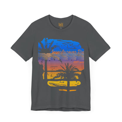 "Legends Never Die Retro Palm Tee – Sunset Vibes, EST 1977"