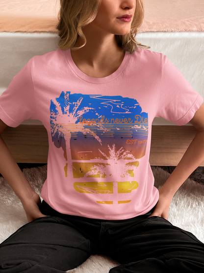 "Legends Never Die Retro Palm Tee – Sunset Vibes, EST 1977"