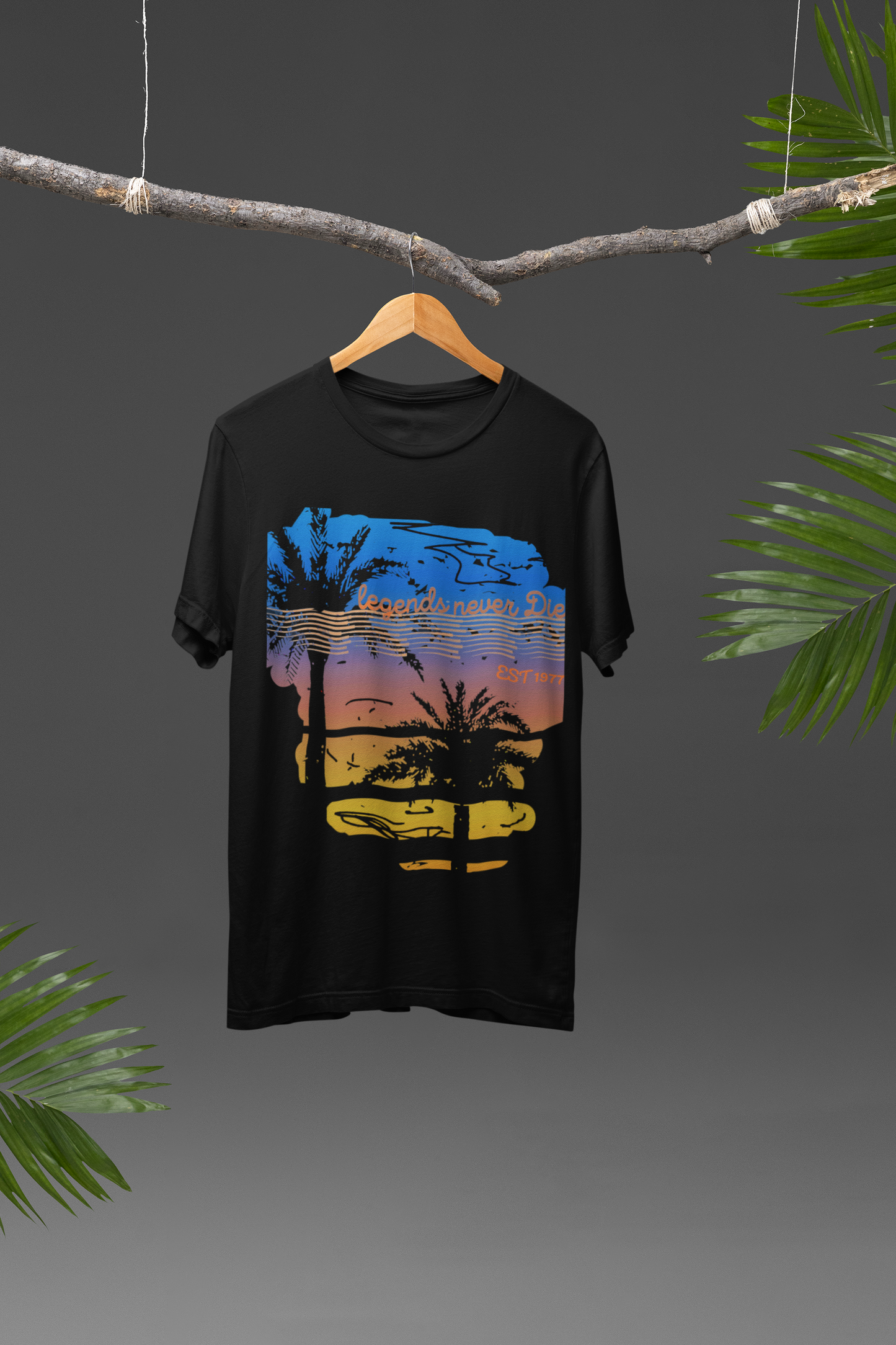 "Legends Never Die Retro Palm Tee – Sunset Vibes, EST 1977"